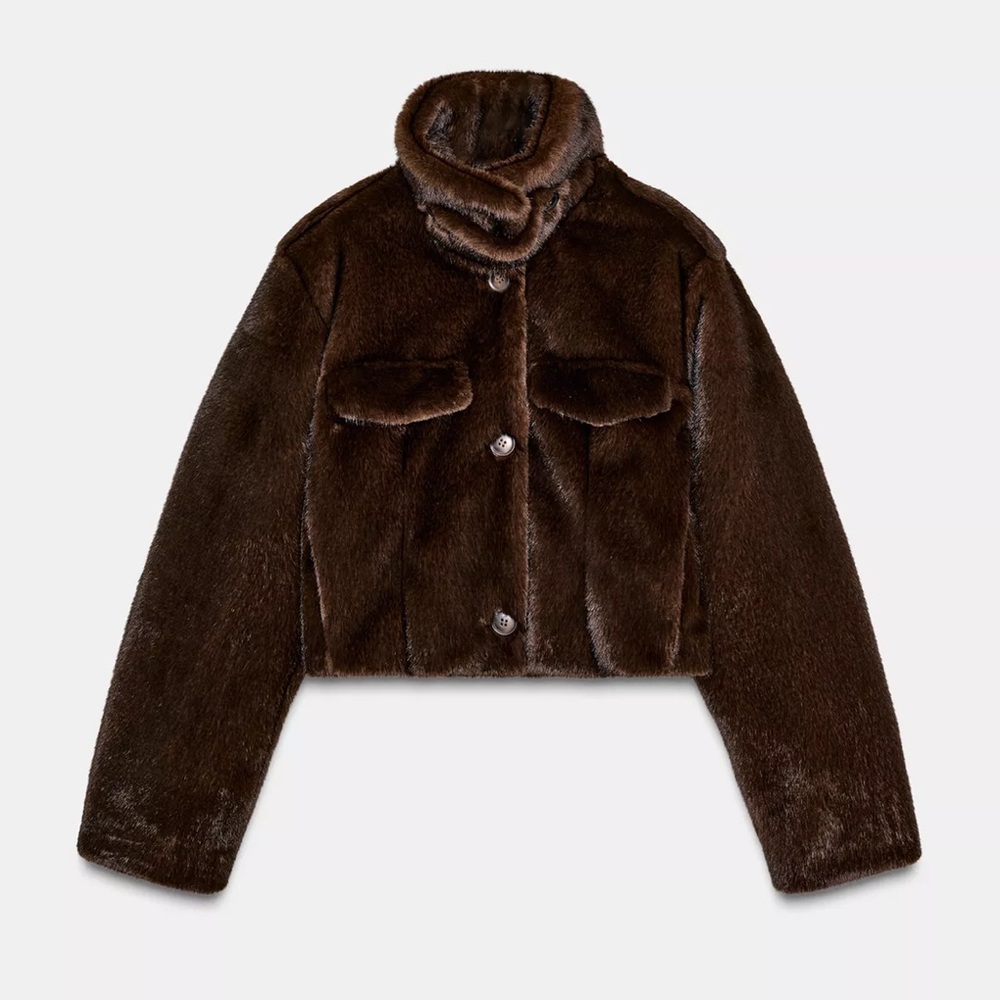 ZARA FAUX FUR BOMBER JACKET BROWN 5320/781 SMALL